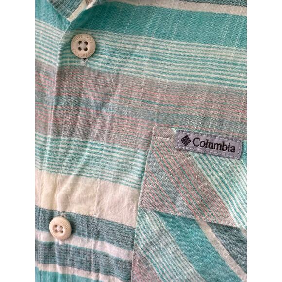 COLUMBIA SHORT SLEEVE BUTTON UP REGULAR FIT light green  PLAID MENS MEDIUM - Picture 3 of 6